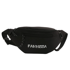 Adjustable black nylon crossbody waist bag with zipper compartments and brand logo