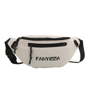 Ivory canvas waist bag with black FANYISSA text and adjustable strap for sports