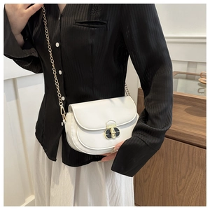 White semi-circular saddle bag with gold chain strap and stylish oval metal lock buckle