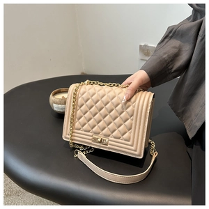 Detail view of beige quilted handbag with gold chain strap and vintage metal buckle