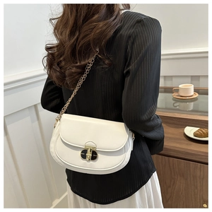 Detail of white saddle bag with premium black-gold turn lock and chain strap