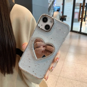 Sparkly silver foil phone case with heart makeup mirror and rhinestones for iPhone