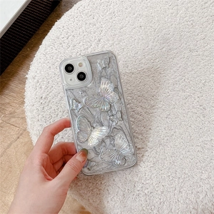 Chic iPhone case with 3D laser butterflies and embossed oil painting texture