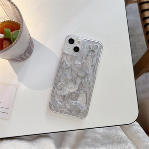 Luxury iPhone case featuring 3D pearl butterflies on a silver glitter transparent back
