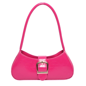Glossy pink patent leather baguette bag with a stylish gold buckle for women