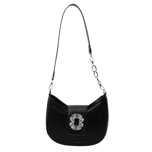 Elegant black crescent shoulder bag with a large sparkling rhinestone buckle decoration