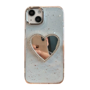 Silver foil iPhone case with heart-shaped mirror and sparkling rhinestone accents