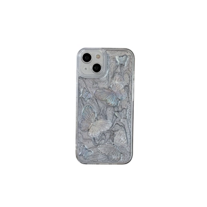 Chic 3D butterfly phone case for iPhone with silver glitter sand and clear wave texture