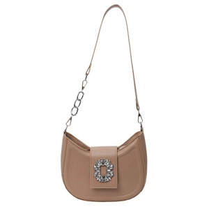 Sac demi-lune beige chic avec boucle en strass étincelante et bandoulière chaîne
