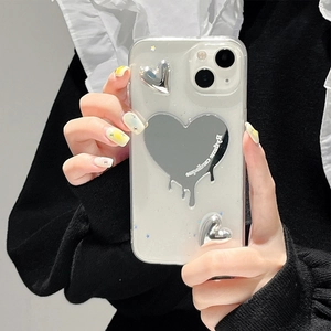 Custodia iPhone 16 Pro Max trasparente con cuori 3D argento e specchio integrato