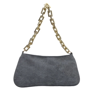Dark gray suede rectangular underarm bag featuring a chunky gold chain link strap