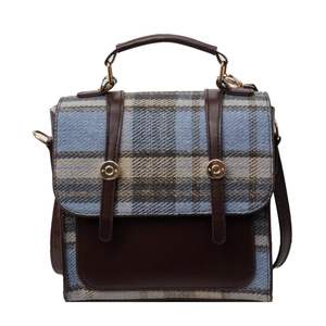British style plaid backpack for women with brown leather trim and golden buckle hardware