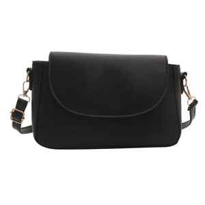 Minimalist black PU leather crossbody bag with round flap and adjustable gold strap
