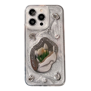 Sparkling silver glitter phone case for iPhone with wavy texture and irregular metal mirror