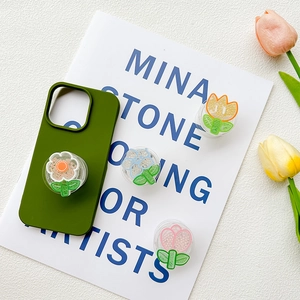 Floral tulip phone socket stand set with green silicone case and colorful pop grips