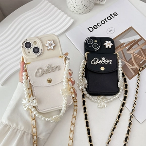 Quilted iPhone case with Queen logo, camellia flower charm and pearl bow strap in two colors