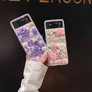 Luxury 3D Resin Rose Artificial Pearl Rhinestone Phone Case Hand-made Sweet Floral Foldable Protective Cover For Women