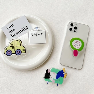 Flat style acrylic phone sockets featuring girl and shopping bag designs on a phone
