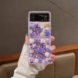 Detail of luxury Samsung Galaxy Z Flip case with purple resin roses, pearls and crystals