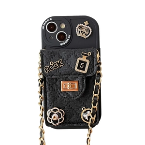 Black quilted leather iPhone 16 Pro Max case with camellia charm and crossbody gold chain