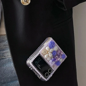 Luxurious Samsung Z Flip 6 case with purple roses, pearls and diamonds for women
