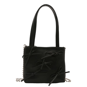 Minimalist black shoulder bag with chic butterfly bows and silver metallic chain strap