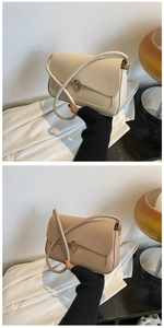 Detail view of smooth PU leather handbags with golden buckles in cream and tan colors