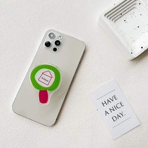 Flat style shopping bag phone socket grip on white smartphone with geometric tray