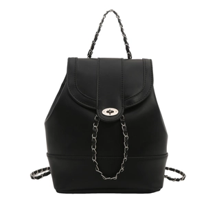 Minimalist black leather chain backpack with silver swivel buckle in front view