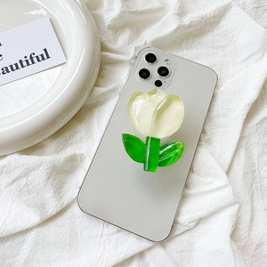 Detail of 3D tulip phone pop socket in yellow acrylic on a silver mobile phone