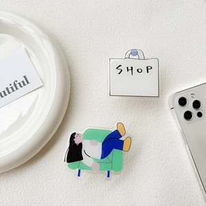 Flat style shopping bag and girl on sofa acrylic phone grip stand for smartphones