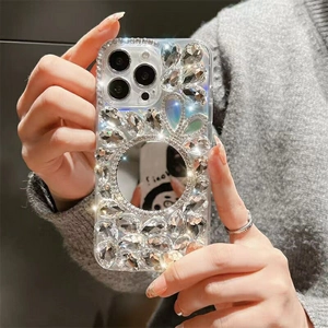 Luxury iPhone case with sparkling rhinestones, rabbit ears, and a built-in makeup mirror