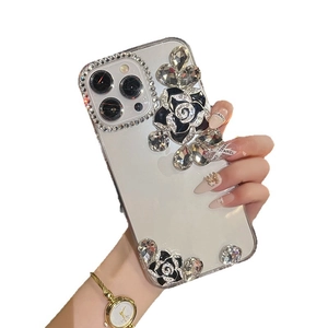 Luxus iPhone Hülle transparent mit glitzernden Strasssteinen und 3D Rosenblüten Dekor