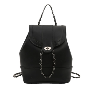 Minimalist black leather backpack with flap closure and silver oval metal twist lock design