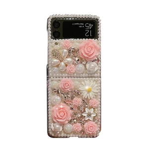 Floral Samsung Z Flip6 case with pink roses, pearls and crystals in a luxury design