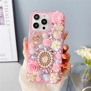 Luxury iPhone case with 3D resin roses, pearls, and vintage cameo relief portrait