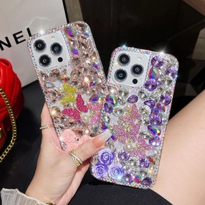 Luxury Rhinestone Butterfly Rose Phone Case Handmade Artificial Pearl Flower 3D Decorative Cover For Women Girls Elegant Style