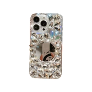 Custodia iPhone di lusso con strass brillanti, orecchie di coniglio e specchio per trucco