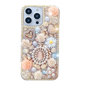Luxury iPhone floral case featuring 3D pink roses, pearls, and crystals in a grand design