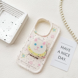 Cute cream-colored phone case with polka dots, star patterns and white puppy pop socket