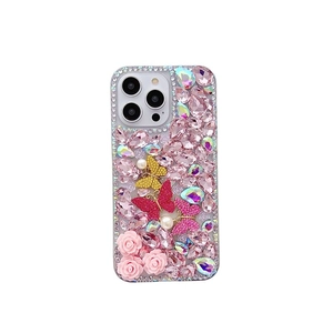 Luxury iPhone case with 3D pink roses, crystal butterflies and sparkling rhinestones
