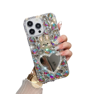 Luxury rhinestone iPhone case with crystal flowers, golden rabbit and heart mirror