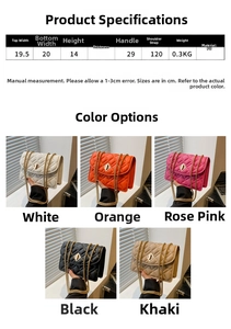 Detailed size guide and multi-color selection for quilted chain crossbody bag