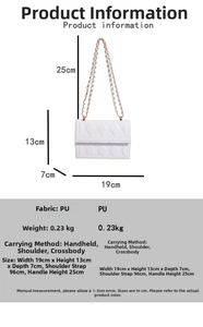 Detailed dimension chart for white quilted flap bag with gold chain strap and PU texture