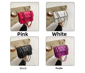 Quilted flap square bags in pink, white, black, and purple with gold chain straps