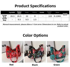Size chart and detail view of floral tote bag set with dimensions and measurements