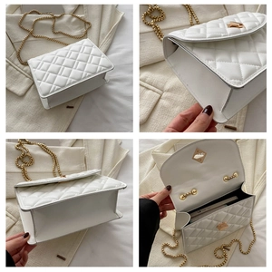 Detailed views of white quilted crossbody bag with gold chain and turn-lock closure