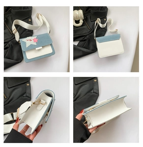 Four views of a denim and white PU leather crossbody bag with star patchwork details