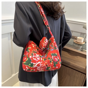 Floral print shoulder tote bag in red peony pattern with matching mini coin purse pouch
