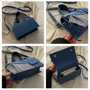 Detail shots of denim crossbody bag showing multi-pockets and detachable strap